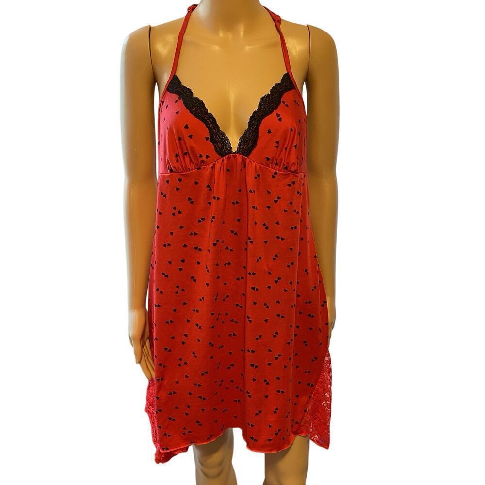 Women M Sexy Nightie Lingerie Red Black Hearts Lace Trim Babydoll MiniDress Love